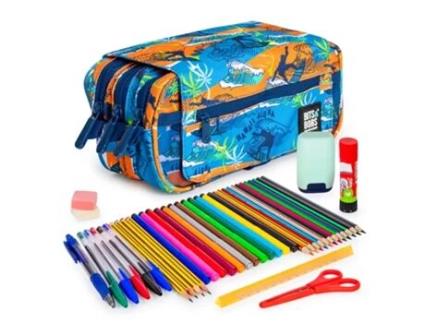 Design COLEPACK – Estojo triplo com 3 zíperes com material escolar incluído. Havaí