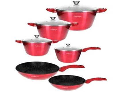 CHEFFINGER Conjunto de Cozinha 10 Peças 3 Caçarolas/2 Frigideiras/1 Panela Revestido em Mármore Vermelho