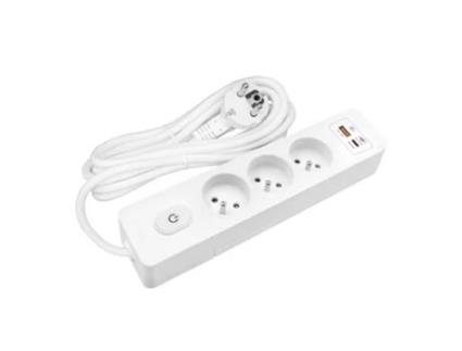 Extensão Eléctrica SELDUR G3Fh52B 3 Tomadas + Interrutor Carregamento Rápido Usb A+C 20W Branco Cabo de 5 M