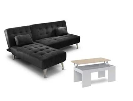 Oferta: Sofá-Cama Chaise Longue Xs Preto Mesa de Centro Branco e Carvalho SALDOSYSTOCKS (198 x 75 x 146 cm)