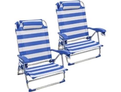 Pacote de 2 Cadeira de Praia Dobrável e Reclinável com Almofada de 7 Posições em Alumínio53X52X80Cm Listra Azul SELEOK