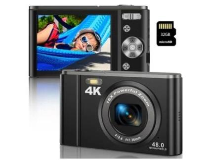 Câmara Digital das Crianças Compacta Dc303 4K 48Mp com Foco Automático Zoom 16X 2 8 Polegadas Tela 32G- Preto VIGA EUROPE