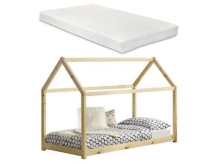 Cama Infantil Tipo Casinha com Colchão e Estrado em Madeira de Pinho Natural 90 X 200 Cm 030002642 MOBIKASA