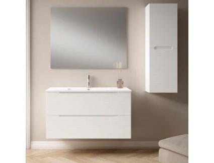 Móveis de Casa de Banho com Lavatório Espelho e Aplique Led Mod. Boreal 100X45 Cm Acabamento Branco Mate 2 Gavetas Suspensas KIBATH