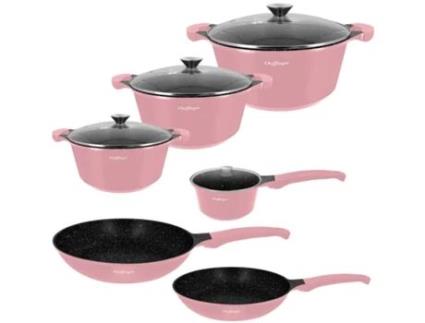 CHEFFINGER Conjunto de Cozinha 10 Peças 3 Caçarolas/2 Frigideiras/1 Panela com Alça Soft-Touch Rosa