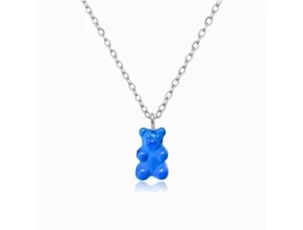 Colar FEIRA DE BIJU Urso Azul 45Cm Aço Inox Prateado