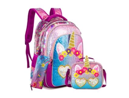 Conjunto FEGAR 2 de Mochila Escolar Bikab-Girl Unicórnio 3 Peças À Prova D'Água com Lantejoulas