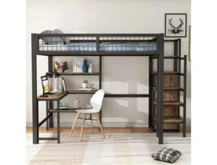 Cama Mezzanine Prateleiras UYTIE HOME Ferro Preto