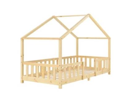 Cama Infantil em Forma de Casinha com Grade Protetora Construção Maciça Madeira de Pinho 200 x 90 cm 030005466 MOBIKASA