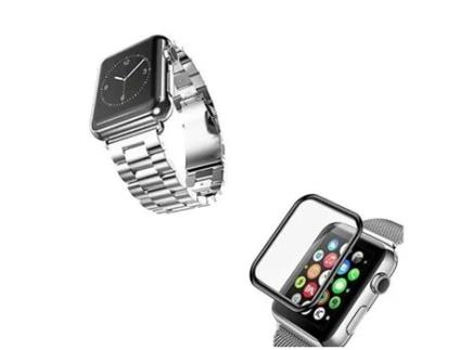 Kit Pulseira Bracelete Aço Stainless Lux Ferramenta Película de Vidro 3D Apple Watch Series 4 44Mm ATYULNM Cinza