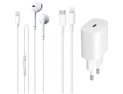 Kit 3 em 1 de Fones de Ouvido Intra-Auriculares com Cabo Usb-C Lightning Carregador de 20 W para Dispositivos Apple AREA