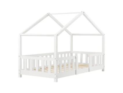 Cama Infantil Forma Casa com Grade Protetora e Estrado Branco Lacado Mate 80x160 cm 030005463 MOBIKASA