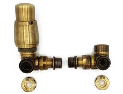 Versão Esquerda com Conectores de Cobre (Cu) Conjunto Termostático Angulado de Válvula Lockshield de Latão Antigo para Radiador de Duplo Tubo