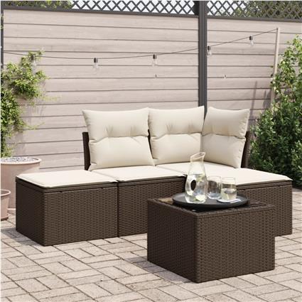 vidaXL 5 pcs conjunto sofás p/ jardim c/ almofadões vime PE castanho