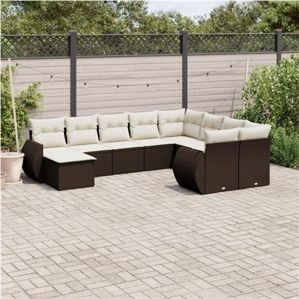 vidaXL 10 pcs conj. sofás jardim com almofadões vime PE castanho