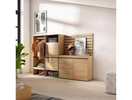 Sapateira 227X145X35 Cm para Quarto Dormitório Roupeiro Aberto Cómoda Tiras Deco. Madeira Carvalho SKRAUT HOME