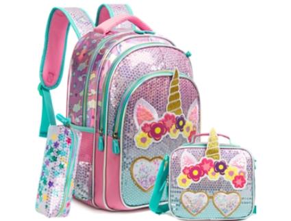 Conjunto FEGAR 2 de Mochila Escolar Bikab-Girl Unicórnio 3 Peças À Prova D'Água com Lantejoulas