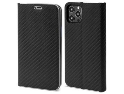 Capa Tipo Carteira MOOZY para Iphone 13 Pro Carbono Preto – Capa Flip com Design de Borda Metálica e Fecho Magnético com Suporte para Cartão E