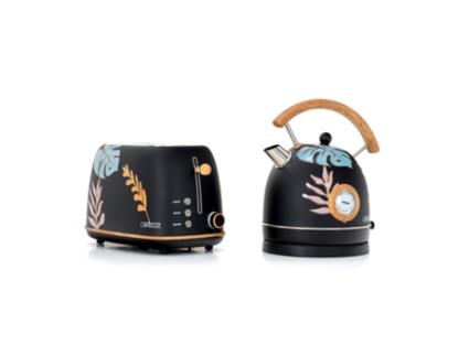 Pacote de torradeira de pão CAPRIZZE Kaito com ranhura dupla extra larga e chaleira Nara preto fosco floral vintage design retrô