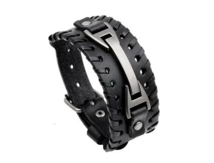 Pulseira Masculina de Couro MECOOL Larga Trançada Pulseira Ajustável Punk Rock Manguito-Preta