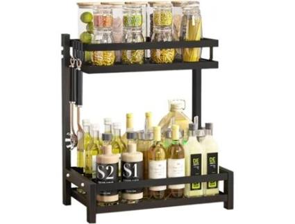 Prateleira de temperos, balcão de cozinha, frascos de condimentos, suporte, organizador de prateleira, preto, 2 camadas, COSHANO