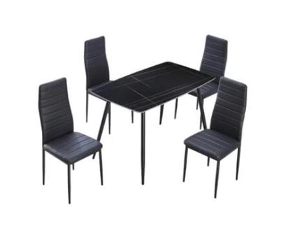 Mesa em Vidro Temperado 120Cm + 4 Cadeiras em Couro Sintético. Sala de Jantar Ou Cozinha Preto SALDOSYSTOCKS
