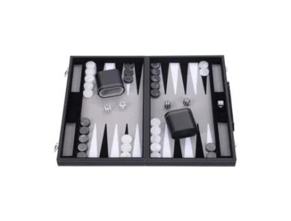 Gamão Deluxe 18 45 5 Cm Alta Qualidade Couro Sintético Feltro Embutido Especial Lascas de Pérola e Dados Preto/Branco/Cinza ENGELHART