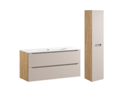 Conjunto de Lavatório Individual de 120 Cm com 2 Gavetas e Pedestal Elora Bege e Madeira PETITS-MEUBLES