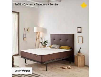 Pack Colchão e Cabeceira Estofada e Base de Cama DESCANSIN Silencioso e de Fácil Montagem (135 x 200 cm - Wengé)