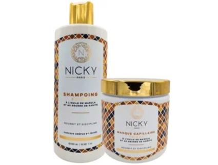 Conjunto de shampoo e máscara frizzy NICKY PARIS com óleo de marula