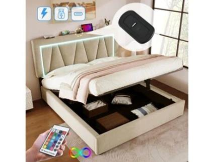 Cama de Casal Estofada Led Função Carregamento Usb Tipo ARHATREYA Linho Bege (160x200)