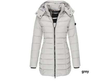 Casaco Acolchoado Espesso e Quente Feminino com Capuz Removível Casaco Longo e Quente de Inverno-Cinza