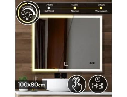 Espelho retangular de LED - 100 x 80 cm, EEC: A++, Controlo de Toque, Iluminação Traseira 3 em 1 Branco Frio, Quente, Neutro, com Relógio