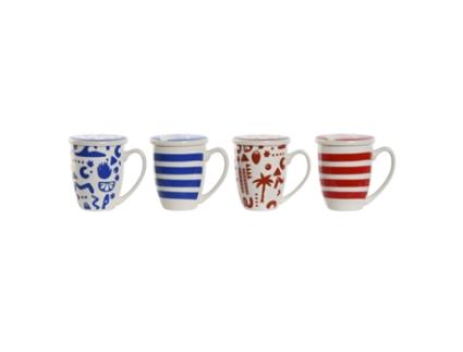 Chávena com Filtro para Infusões HOME ESPRIT Azul Vermelho Aço Inoxidável Porcelana 380 Ml 4 Unidades