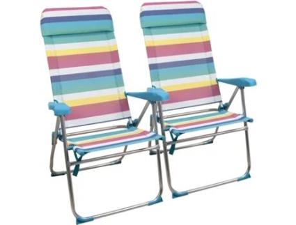 Pacote de 2 Cadeira de Praia Dobrável e Reclinável com 7 Posições em Alumínio57X47X118Cm Listra Colorida SELEOK