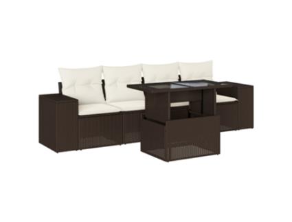 Conjunto 5 sofás p/ jardim c/ almofadões VIDAXL vime PE castanho