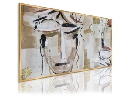Quadro Pintado À Mão Abstrato 140X70 Cm Rostos Picasso Marrom Quadros Modernos a Óleo com Moldura Dourada. DEKOARTE