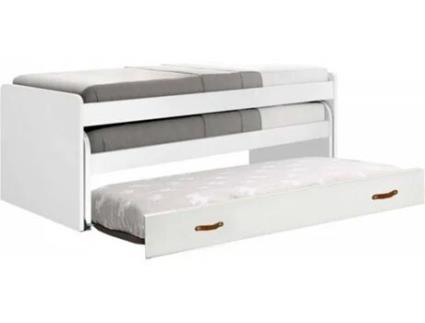 Cama tripla em aglomerado branco MUEMUE com estrados e colchões 90x190cm