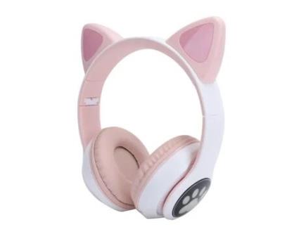 Fones de Ouvido Sem Fio CUQUE Luz Led Cat Ear Bluetooth 5.0 Rosa Controle de Volume Cartão de Suporte