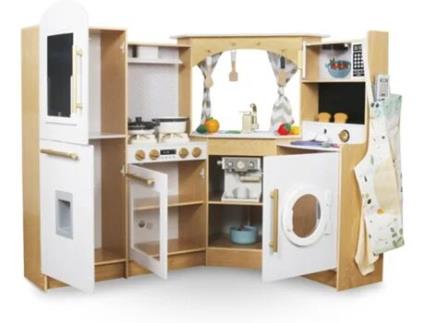 Cozinha Infantil em Madeira Fogão Interativo Iluminação Led Máquina de Café e Acessórios Trem de Panelas Legumes e Fruta 50 Peças MAMABRUM