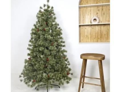 Árvore de Natal auto-montável Pinheiro florido decorado pinhas e frutos vermelhos c/ suporte metálico (flor verde, 150 cm 389 pontas) SOLAGUA NAVIDAD