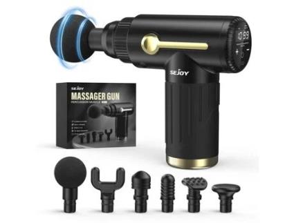 Pistola de Massagem Muscular Profissional SEJOY com 6 Cabeças de Massagem Massageador Muscular 10 Níveis Ajustáveis Preta