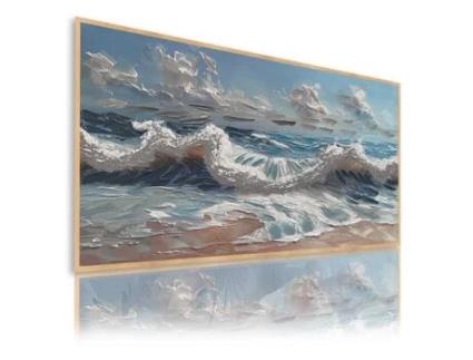 Quadro Pintado À Mão Natureza 140X70 Cm Olas Eternas Quadros Modernos a Óleo com Moldura Cor Madeira DEKOARTE