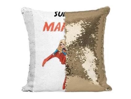 Almofada com Capa de Lantejoulas Glitter Dourado Super Mom Super Woman Super Heroes FABULOUS