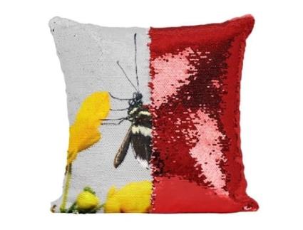 Almofada com Capa de Lantejoulas Lantejoulas Vermelhas Preto Branco e Borboleta Rabo de Andorinha Amarela em Uma Folha Country Nature Animals FABULOUS