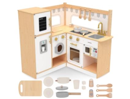 Cozinha Infantil em Madeira Cozinha de Canto Interactiva Frigorífico Micro-Ondas Forno Máquina de Lavar Roupa Acessórios MAMABRUM