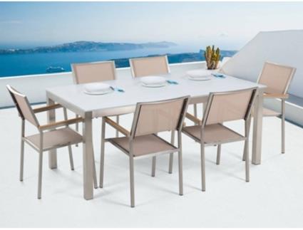 Conjunto de mesa com tampo em vidro branco 180 x 90 cm e 6 cadeiras creme GROSSETO