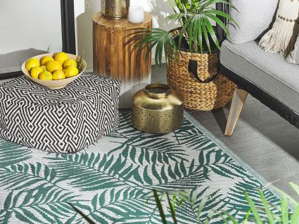 Tapete de exterior 120 x 180 cm padrão folhas de palmeira verde escuro KOTA