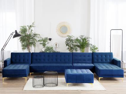 Sofá-cama XXL de 6 lugares com repousa-pés em veludo azul escuro ABERDEEN