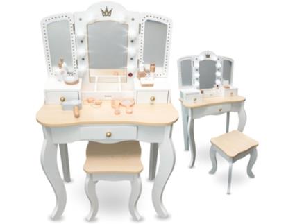 Toucador Infantil 3 Madeira com Banqueta Iluminação Led Espelho de 3 Asas Gaveta Grande Acessórios Maquilhagem Role-Play MAMABRUM